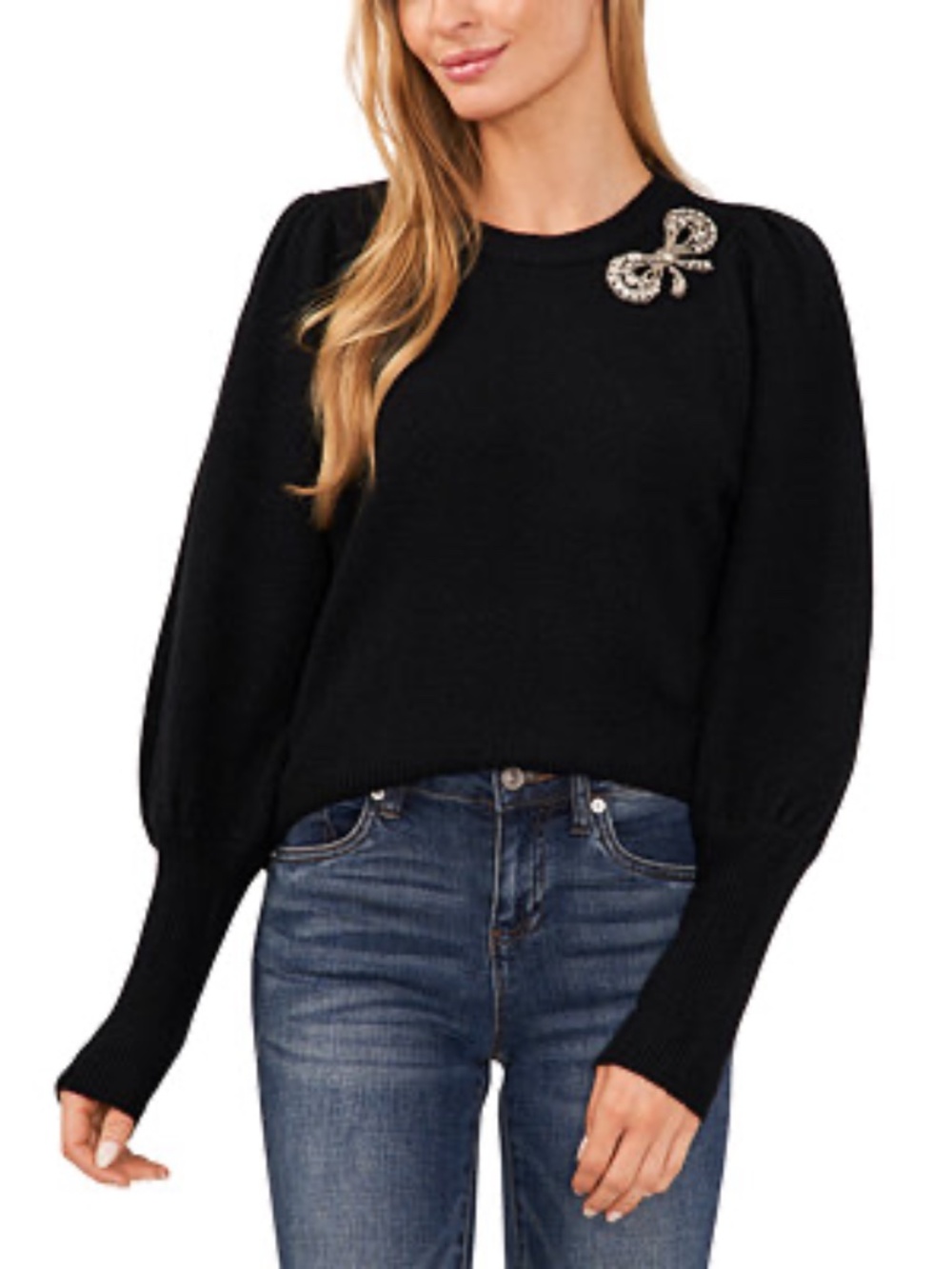CeCe Women's Rhinestone Bow Crew Neck Sweater - size Large